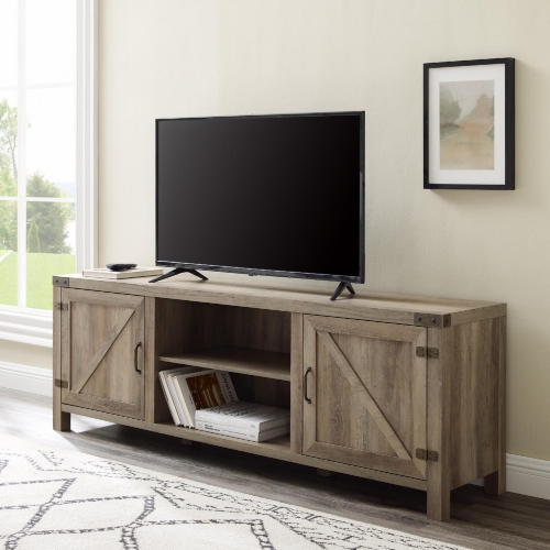 70" Modern Farmhouse TV Stand in Grey Wash Finish